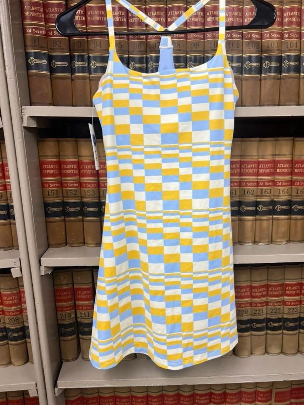 Outdoor Voices Yellow & Light Blue Checkered Mini Slip Dress